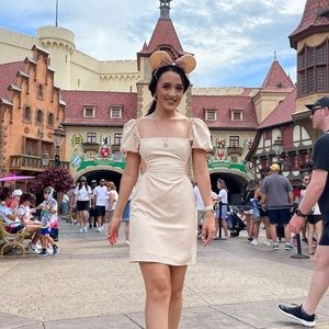 Gianni Bini Evelyn Short Puff sleeve nude beige light brown princess style dress